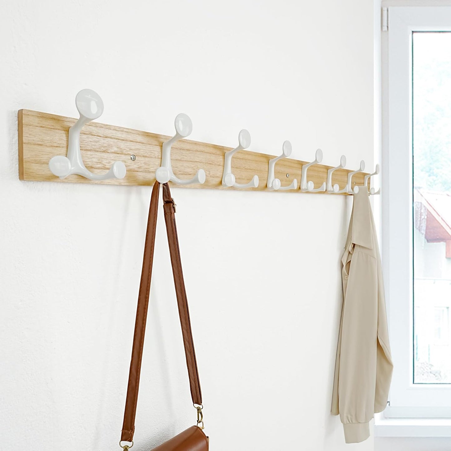 SKOLOO 43-Inch Natural Wood Coat Rack Wall Mount with 8 Triple Hooks - Ideal for Family Entrances, Classrooms, and Pet Supplies Storage - Perfect Coat Hooks for Wall