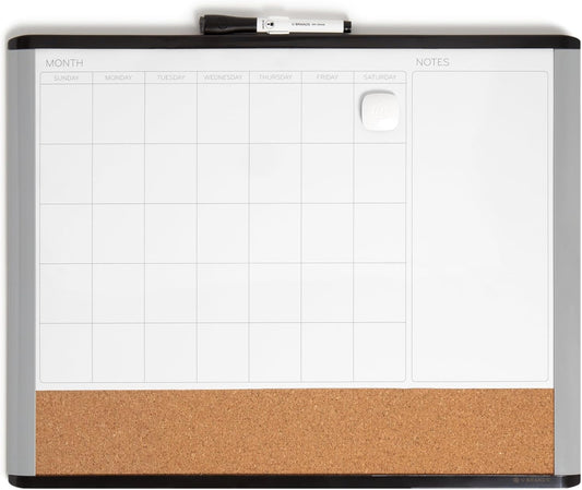 U Brands Magnetic Dry Erase 3-in-1 Calendar White Board, 16" x 20", Black and Gray Frame