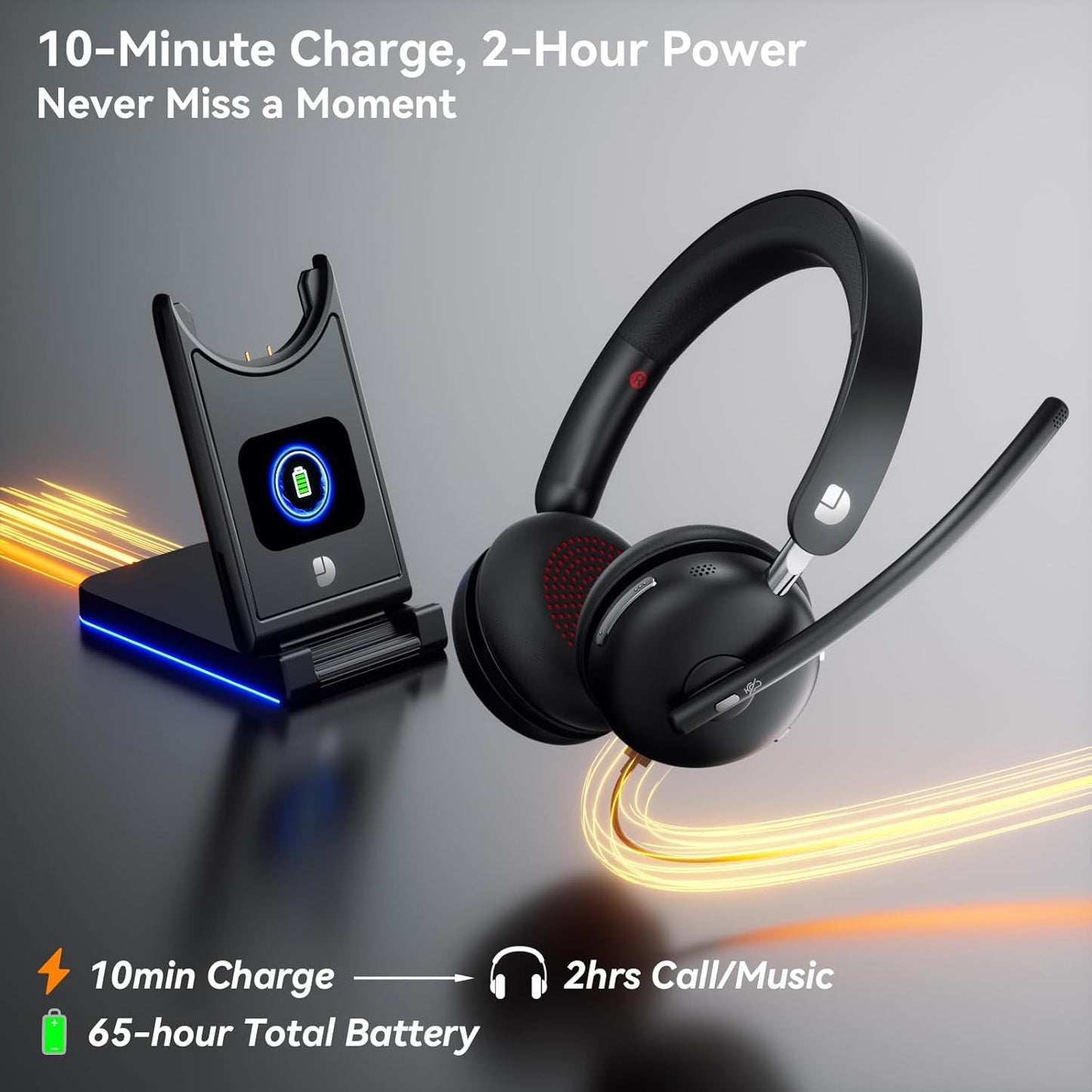 Wireless Headset with Mic for Work-Bluetooth 5.3 Headset with Noise Cancelling, Wireless Headsets with 65Hrs Battery & 10Min Fast Charge, Smart Dock with Digital Display for PC/Computer/Teams