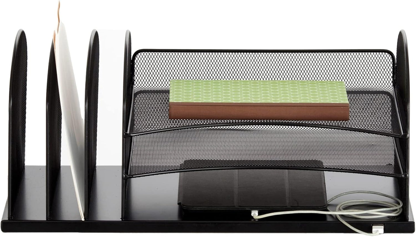 Safco Products 3231BL Onyx Desktop Organizer with USB Charging Port, 3 Section File Sorter, 3 Paper Trays, Durable Steel Construction, Black