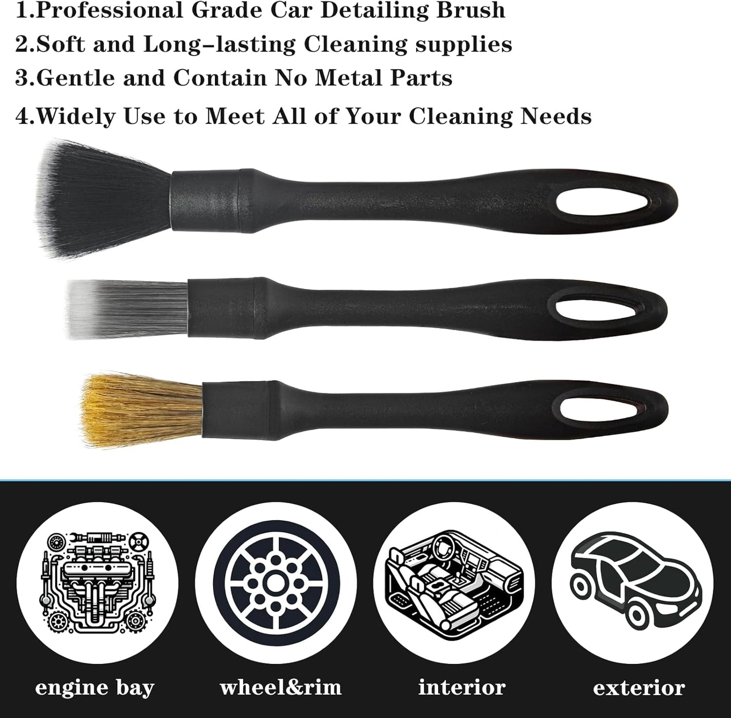 Detailing Brush Set, 3Pack Car Detailing Brushes for Dashboard Engine Bay Air Vents Leather Seat Wheel Vehicle Motorcycle Boars Hair Interior Detail Brush with Conversion Elbow, Black