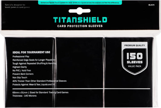 TitanShield (150 Sleeves, Black) Compatible with Standard Sized Board Games, MTG Magic The Gathering, Pokemon, Lorcana and Trading Cards 2.5" x 3.5" 66x91mm