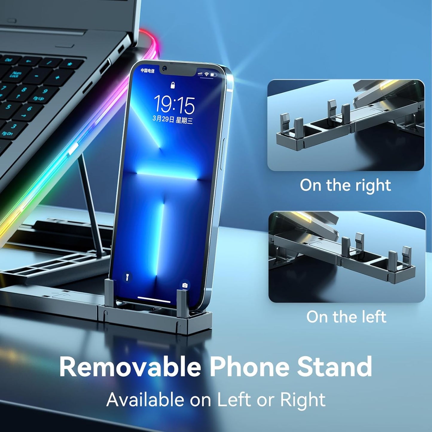 RGB Gaming Laptop Cooling Pad with Metal Panel, 2 Ultra Quiet Big Fans, 10 Lighting Modes, Phone Stand & 7 Height Adjustable Ergonomic Cooler for 10-15.6 Inch Laptops