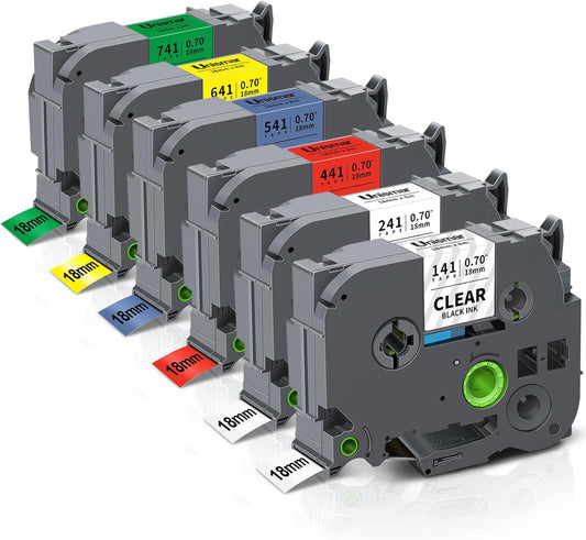 6PK TZe TZ Tape 18mm 0.7" Laminated Colored Compatible for Brother P Touch Label Maker Tape TZe-241 141 441 541 641 741 Work for PT-D400 D600 D410 D400 PT-D610BT, White/Clear/Red/Blue/Yellow/Green