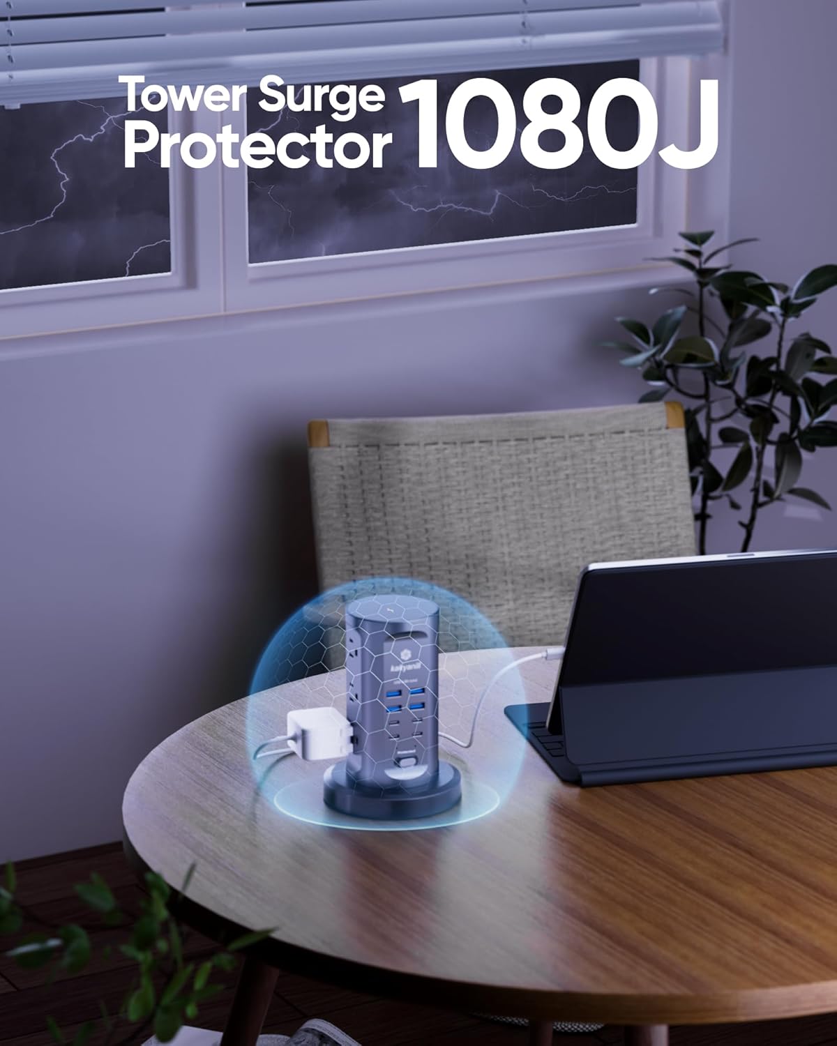 Power Strip Tower, kakyanill Surge Protector Tower 10 AC Outlets 8 USB (4 USB C), 6 Ft Retractable Extension Cord, Charging Station for Office Dorm Room, Black