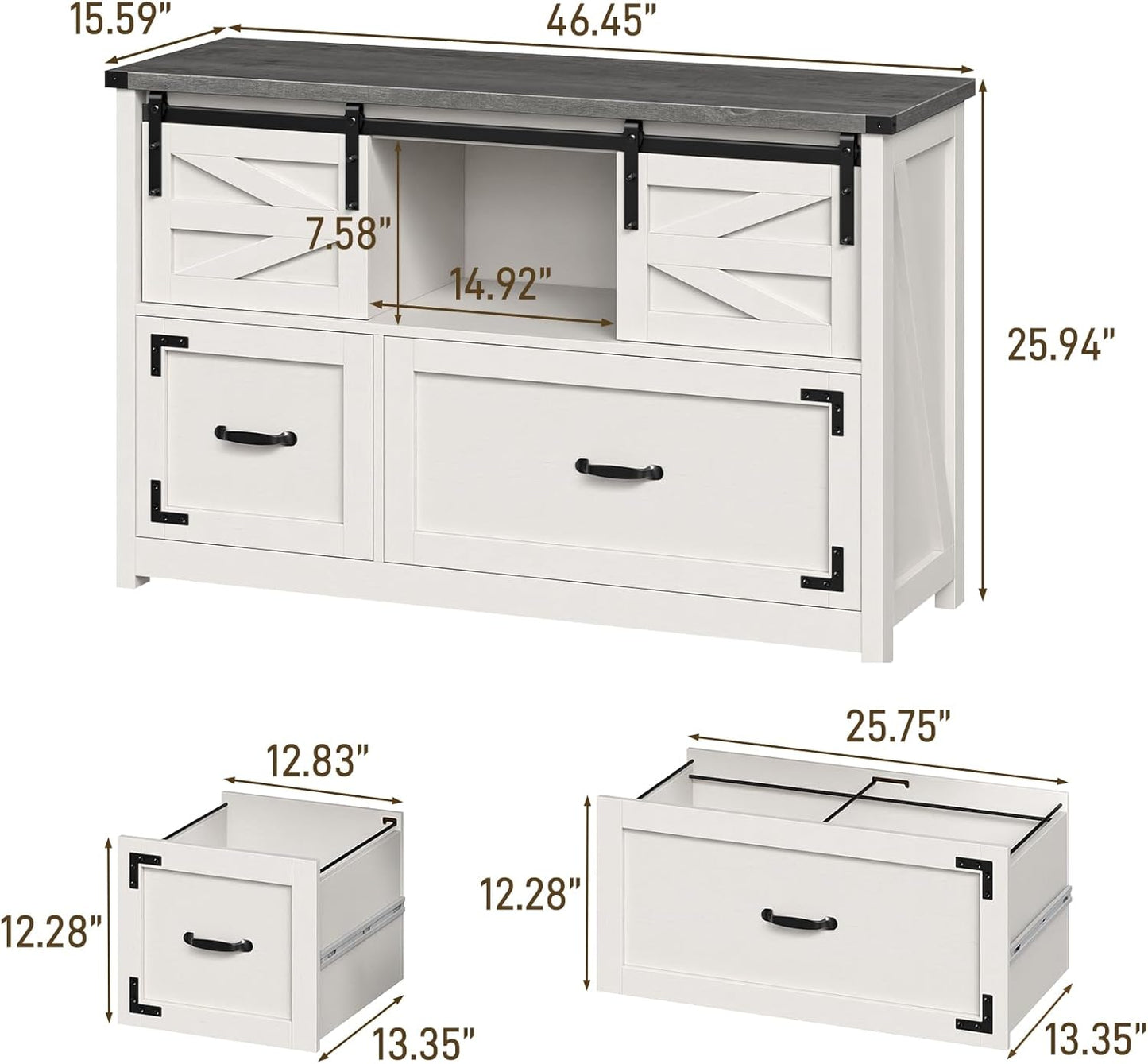 Lateral File Cabinets 2 Drawer with Sliding Barn Doors, Farmhouse Filing Cabinet with 2 Drawer for Home Office，Filing Organization Storage Cabinets for Hanging Files Letter/Legal/F4/A4.(Dark Grey.)