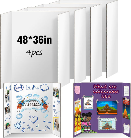 4 Pack Trifold Poster Board 48" X 36", IKAYAS Double Sided White Poster Boards, Science Fair Display Boards Posterboard Foamboard for Mounting, Prints,Art,Display,Projects Classroom Supplies