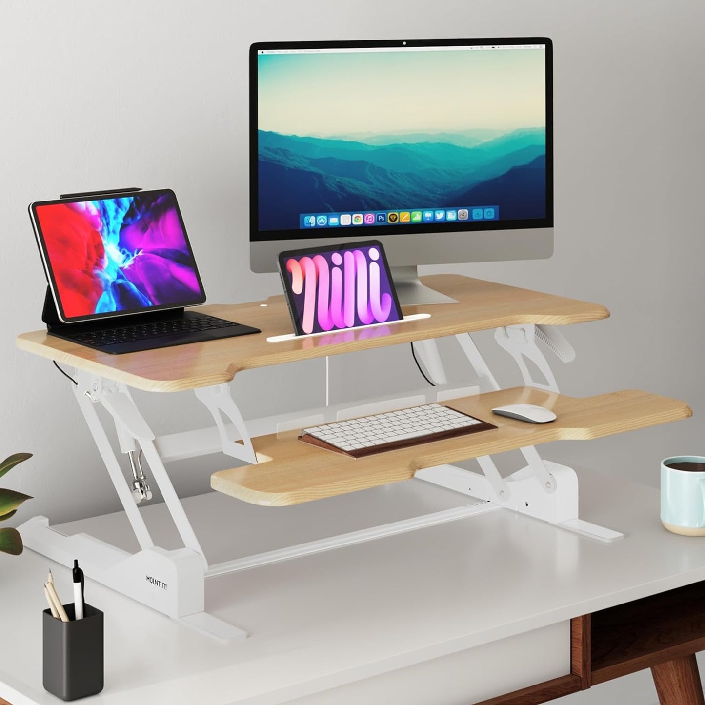 Mount-It! Height Adjustable Standing Desk Converter, 38” Wide, Desk Riser for 2 Monitors, Manual Gas Spring Sit Stand Desktop Raises to 16.9", Fits Two Monitor Screens with Keyboard Mouse Tray Maple