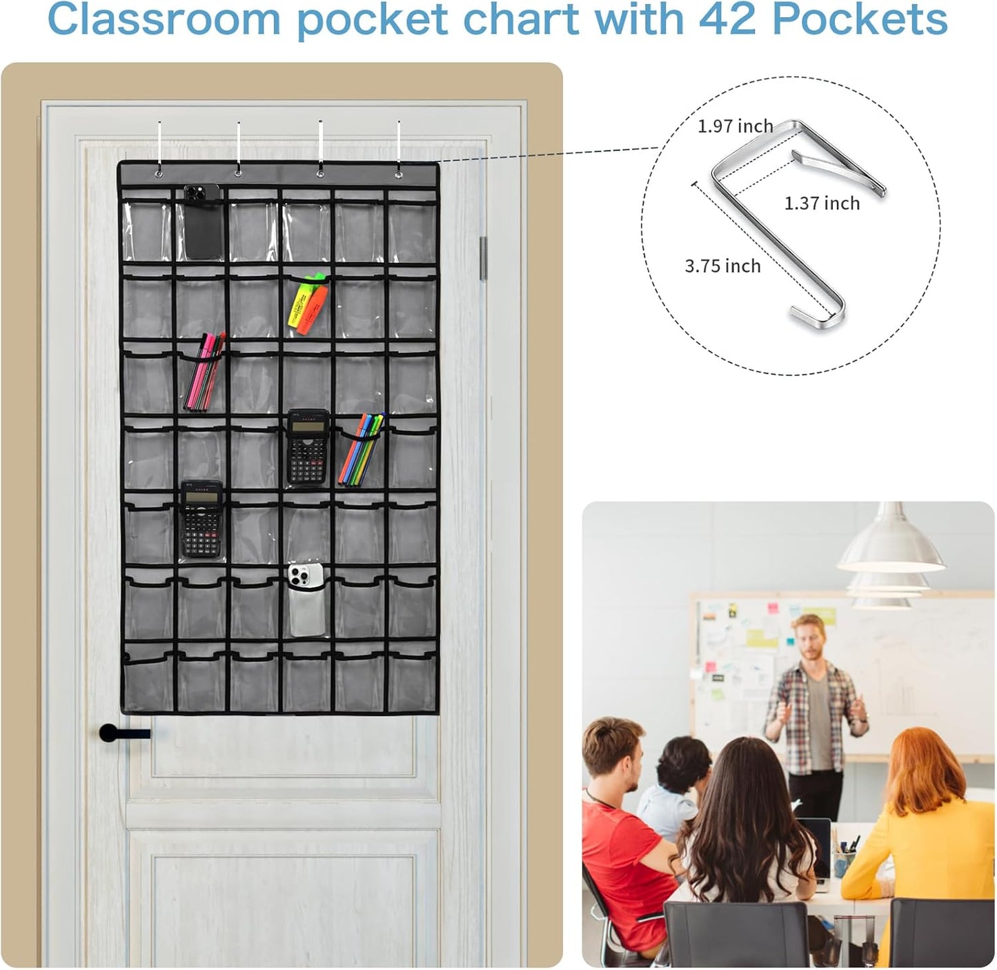 42 Pocket Classroom Pocket Chart for Cell Phones and Calculator,Clear Cellphone Pocket Chart for Classroom with Number Sticker and Hooks (Grey-42 Pockets)