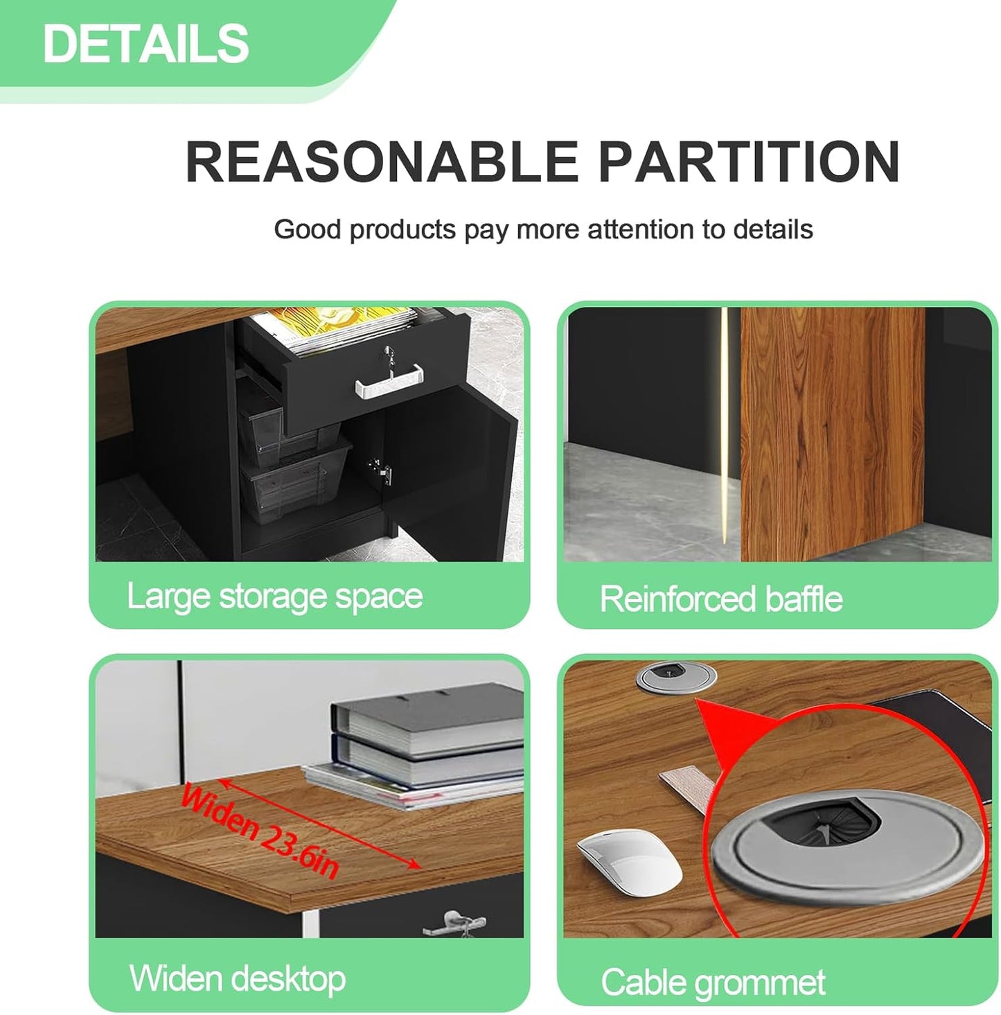 Modern Reception Desk with Counter and Drawer Office Front Desk with Cabinet Wooden Commercial Reception Table Checkout Counter for Retail Salon Lobby Black and Wood Right 71inch/180cm