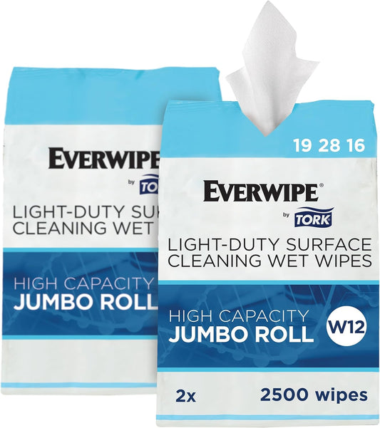 Everwipe by Tork Light-Duty Surface Cleaning Wet Wipe Jumbo Rolls White W12, Cleans and Deodorizes, 2 x 2500 wipes, 192816