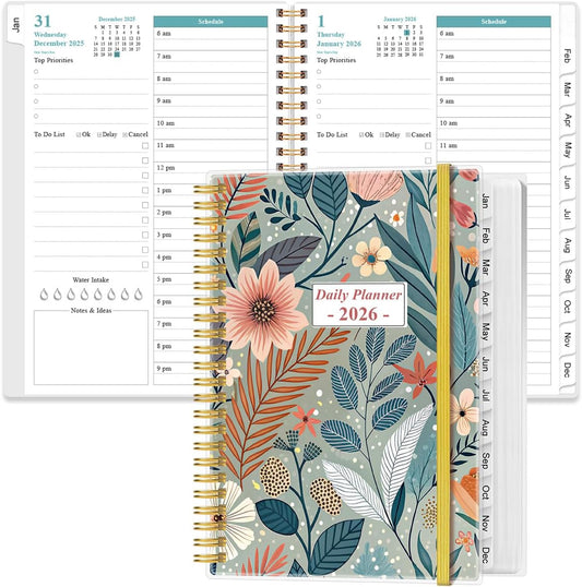 2026 Daily & Monthly Planner - One Page Per Day, Daily Planner 2026 from January 2026 to December 2026, Planner 2026 with 12 Monthly Tabs, 6.4" x 8.5", Flower-A
