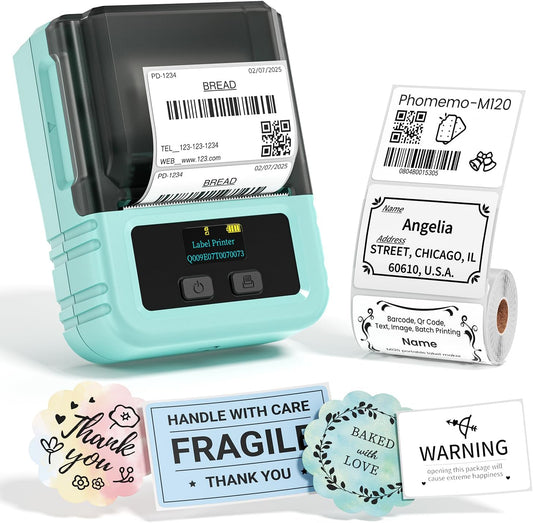 Phomemo M120 Label Maker Machine with Tape, 2 Inch Bluetooth Label Printer for Small Bussiness, Office, Home, School, Barcode Label Maker with Versatile App with 1000+Icons and 100 Fonts, Green