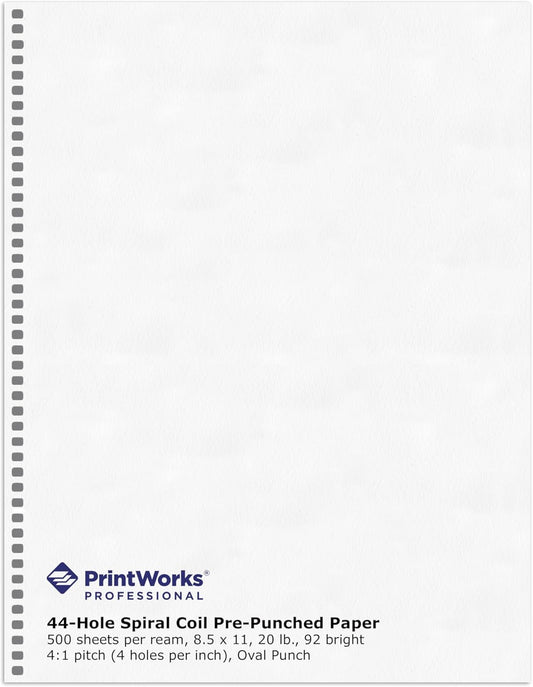 PrintWorks Professional Pre-Punched Spiral Binding Paper - 44-Hole (4:1 Pitch Hole Punch) - Book Binding Printer Paper - Made in the USA - 500 Sheets - 8.5" x 11" - 20 lb - 92 Bright White (04145)