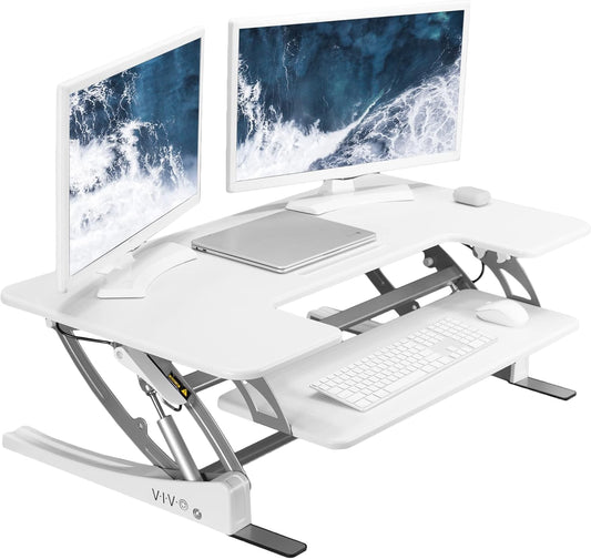 VIVO 42 inch Height Adjustable Stand Up Desk Converter, V Series, Quick Sit to Stand Tabletop Dual Monitor Riser Workstation, White, DESK-V000VLW