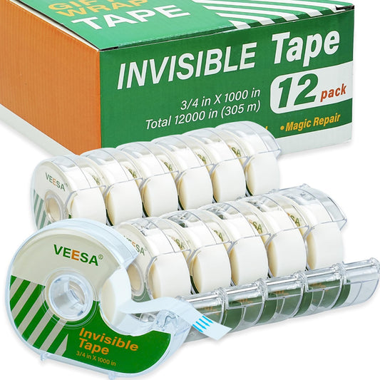 VEESA 12 Rolls Invisible Tape with Dispenser, 3/4 x1000 Inches, Gift Wrapping Tape for Label & Mend, Classroom, Office, School Supplies