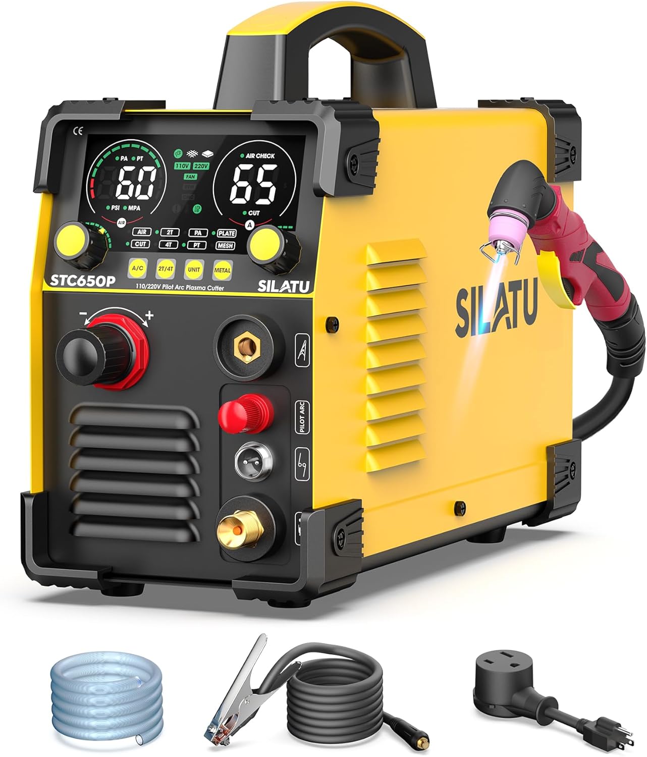 SILATU 65Amps Plasma Cutter, Large LED Display, Non-Touch Pilot Arc, Air Sensor Technology, 110/220V Dual Voltage IGBT Inverter Plasma Cutter Machine, 14mm Clean Cutting Thickness for Beginners DIY