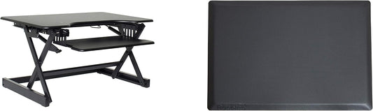 Rocelco 32" Height Adjustable Standing Desk Converter BUNDLE - Sit Stand Computer Workstation Riser with Anti Fatigue Mat - Dual Monitor Retractable Keyboard Tray Gas Spring - Black (R EADRB-MAFM)