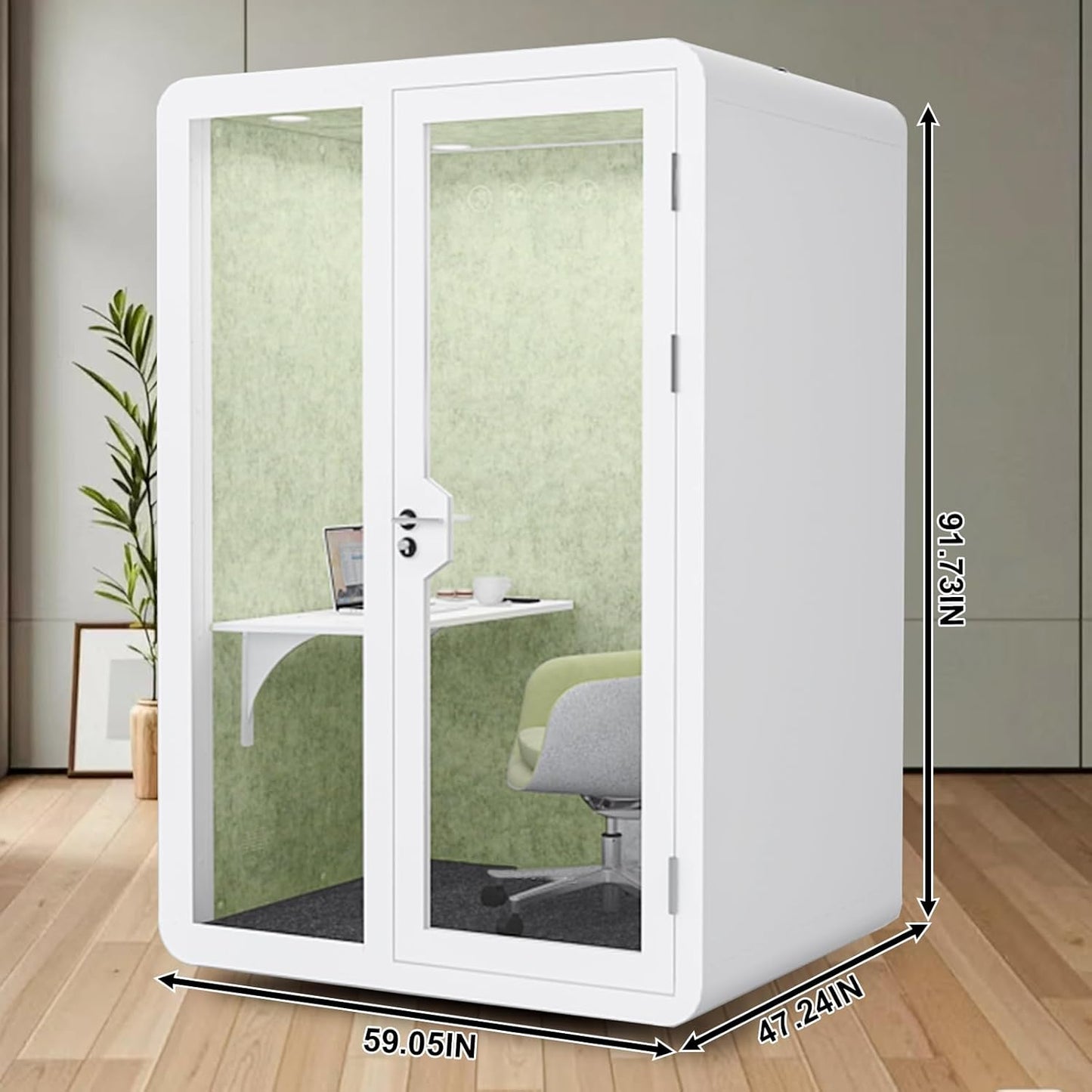 Office Sound Booth with Audio Privacy - Removable Soundproof Booth with Green with Arc Border Design,Soundproof Room with Light,Fans, Socket for Study,Live Broadcast Room (59IN)