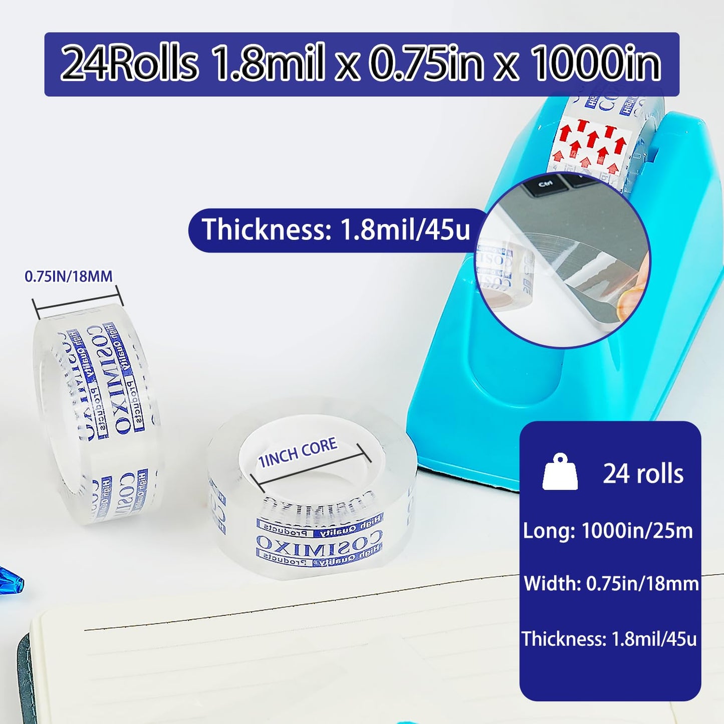 COSIMIXO 24Rolls Crystal Clear Tape Refills for Dispenser, 3/4Inch x 1000 inch,Bulk Transparent Tape,Office Stationery Tape for Home and School