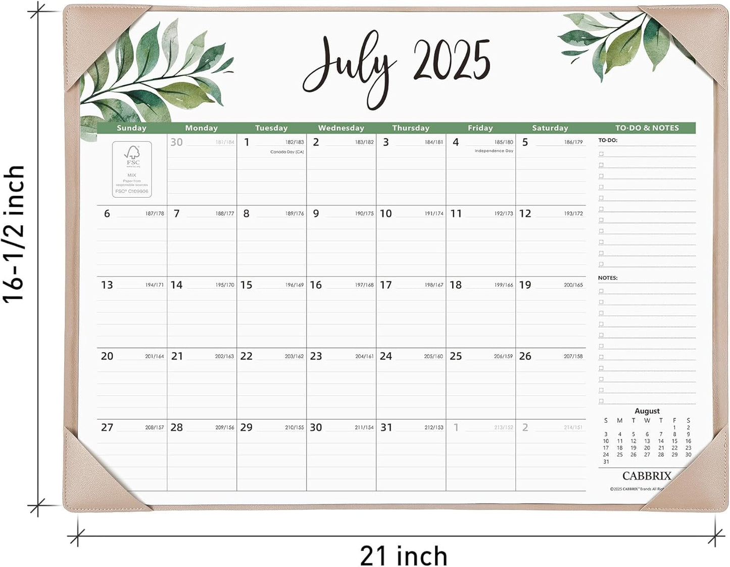 Large Desk Calendar 2025-2026 with Desktop Mat, Cabbrix Desk Pad Calendar 22 x 17 Inch Runs From July 2025 to December 2026 for Home Office and School, Leaf