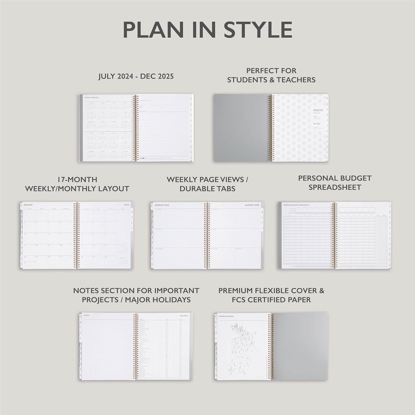 Blue Sky 17 Month 2024-2025 Academic Year Weekly and Monthly Planner From August 2024 - December 2025, 8.5" x 11", Flexible Cover, Wirebound, Silver Metallic (150659)