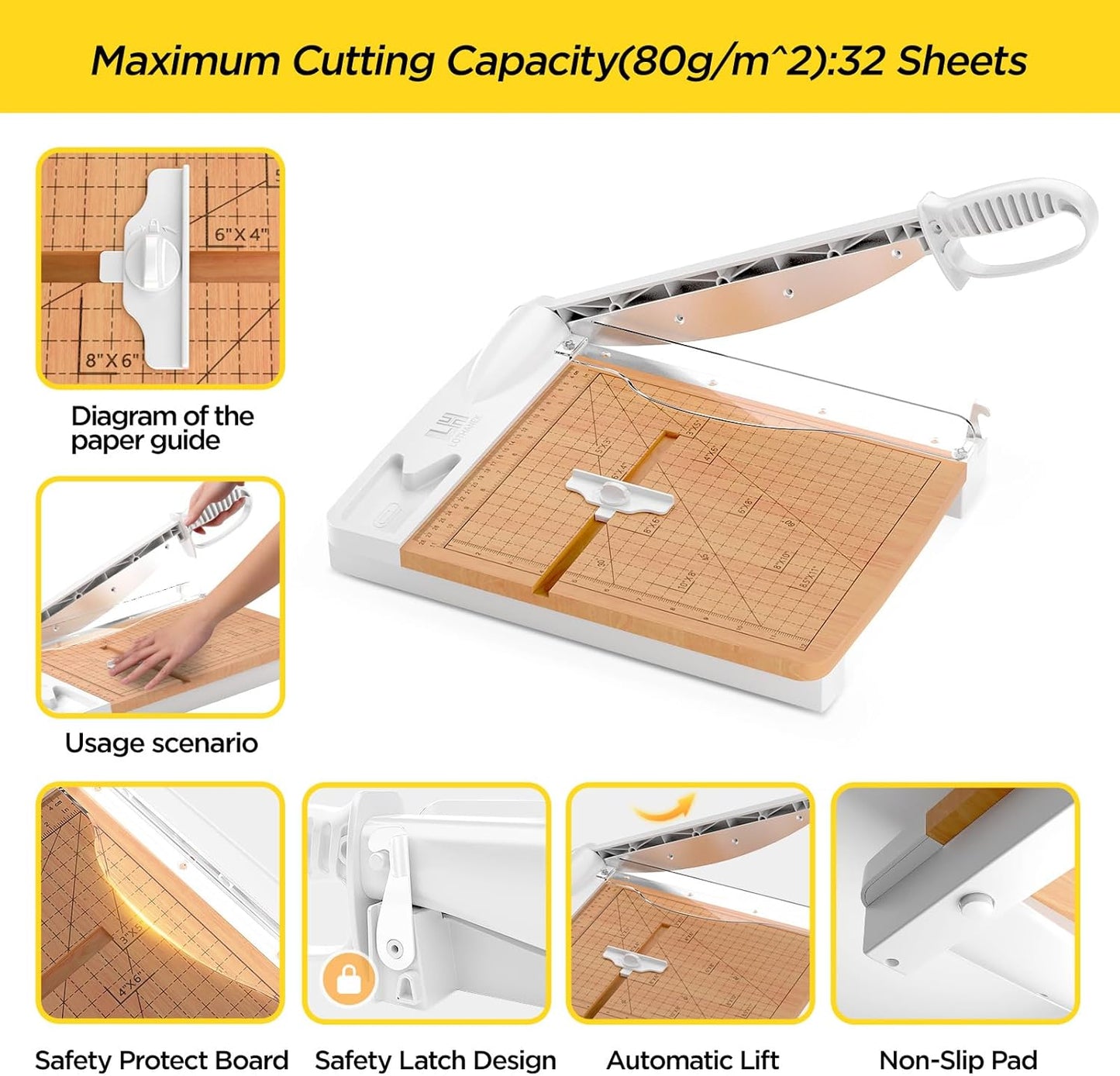 12 Inch Wood Guillotine Paper Cutter, Heavy Duty Wood Base Paper Trimmer with 32 Sheets Paper Cutting Board for Classroom, Crafting, Cardstock, Art Projects (White)
