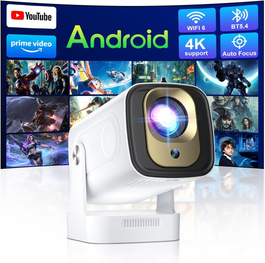 【Short Throw & Speaker】Mini Smart Projector, 1080P Native with 4K Support, WiFi 6 and Bluetooth 5.4, Auto Focus/ Keystone Correction, Built in Apps, Voice Control, Portable Outdoor Movie Projectors