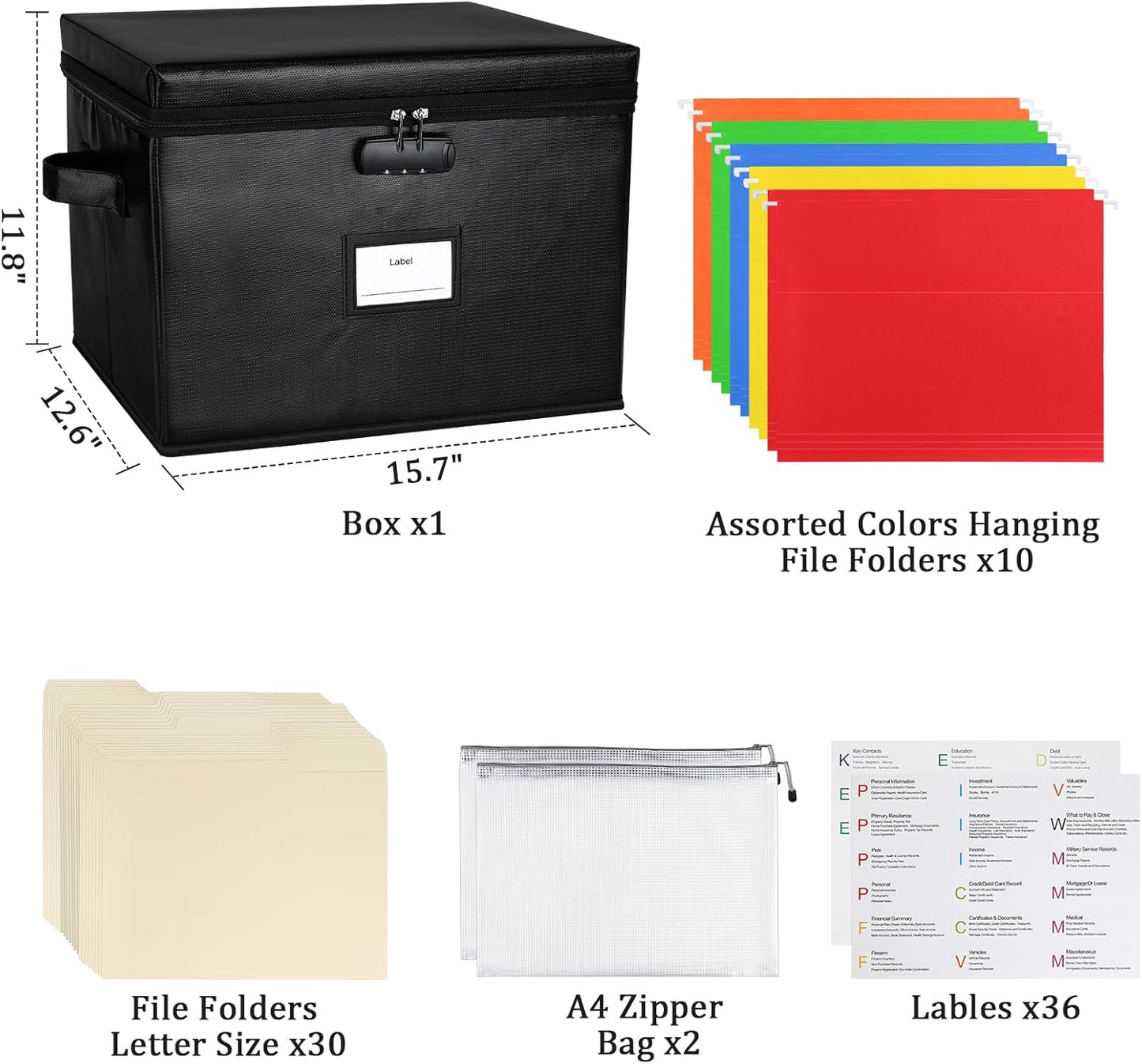 File Box Fireproof Document Box with Lock, Document Safe File Storage Organizer Boxes for Next of Kin Estate Planing Organizer End of Life Planner (Box With Accessories, Black)