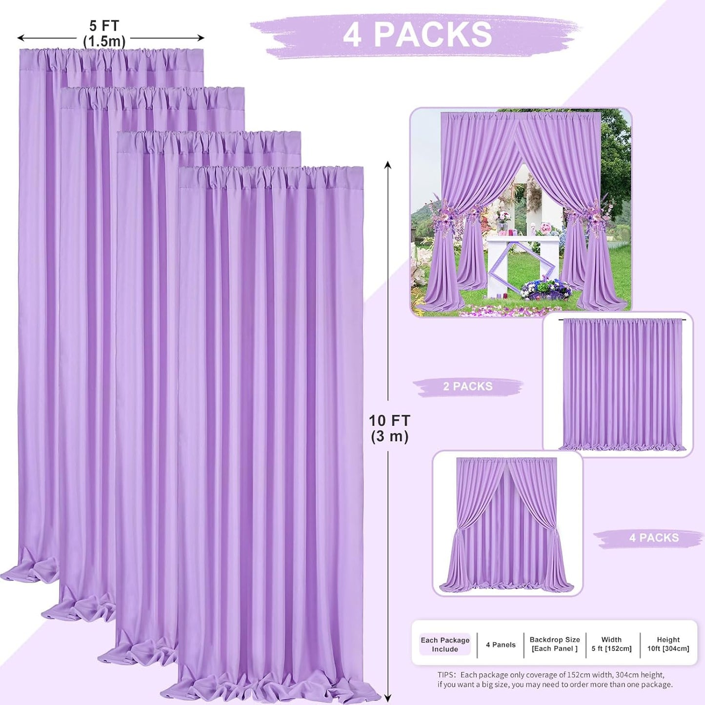 Lavender Backdrop Curtains Photo Drapes: 4 Panels 5ft x 10ft Polyester Background Fabric - Wedding Mermaid Party Photography Decorations