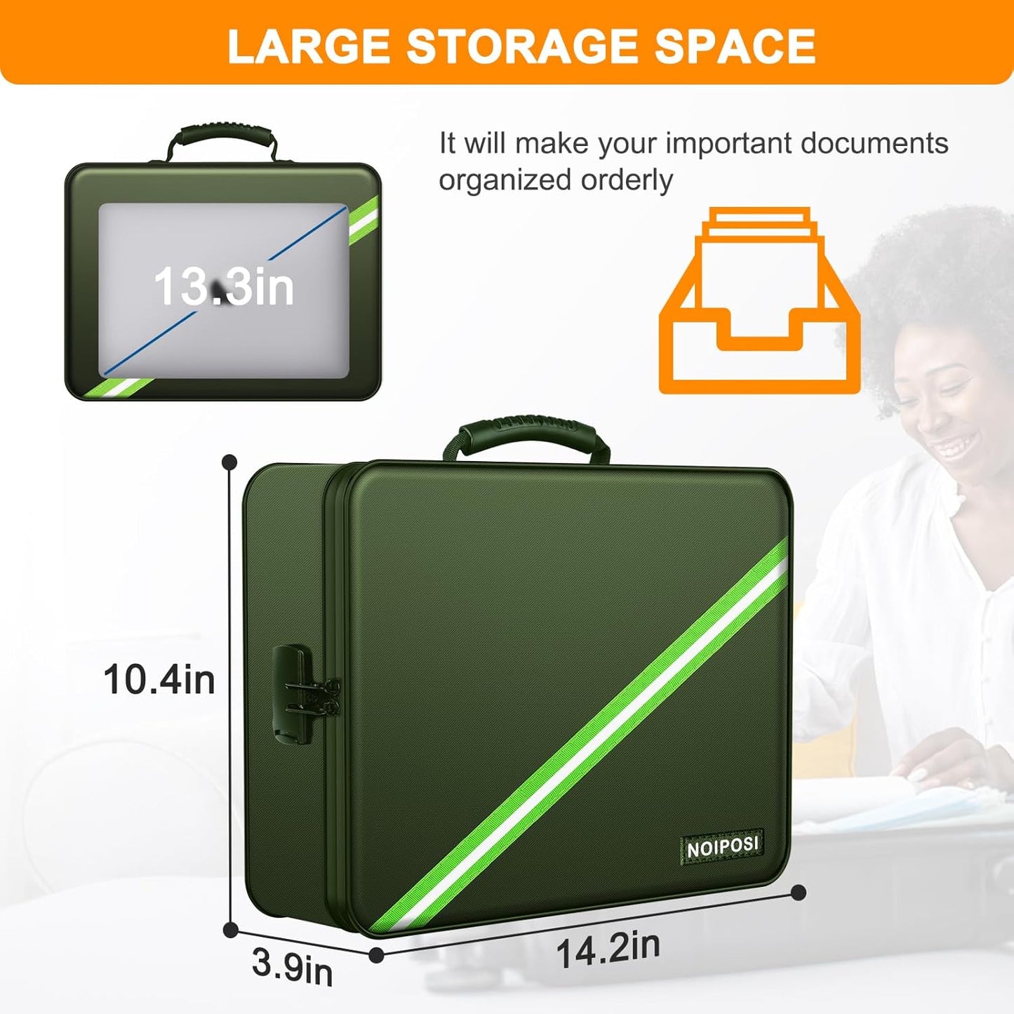 Noiposi Document Organizer with 5200℉ Heat Insulated,Waterproof and Fireproof Document Box,Portable Home Travel Safe Storage Box for Important Documents,File and Birth Certificate，Green