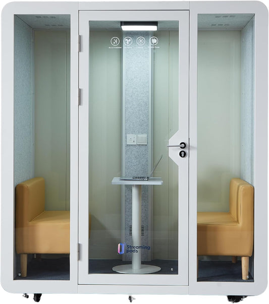 GEARONIC Mobile Office Pod Booth, Standard Sound Proof Office Pod for 2 People, Sound Pod Booth with Mobile Roller, LED Lighting System,Fans and AC USB Ports