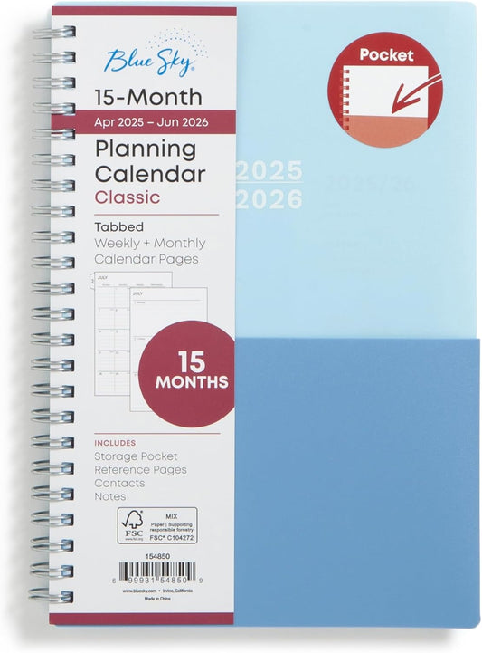 Blue Sky 2025-2026 Academic Year Weekly and Monthly Planner Calendar, April 2025 - June 2026, 15-Month, 5" x 8", Flexible Cover With Pocket, Wirebound, Storage Pocket, Blues