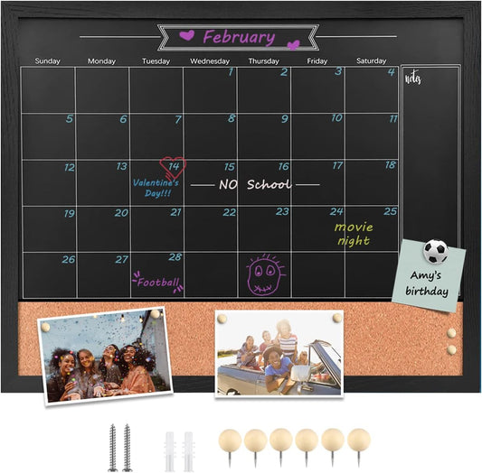 TORASO Magnetic Chalkboard Calendar Corkboard, 17.7" x 21.6" Combination Chalk Board Bulletin Board, Black Wood Framed Blackboard Calendar Cork Combo Board(ZHHB-BK-4555)