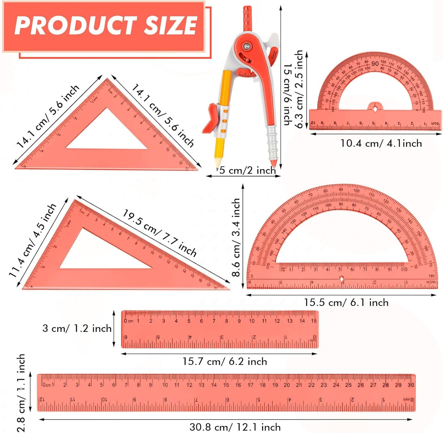 Zonon 1 Set Plastic Geometry Math Set 7 Pcs Includes 6'' / 4 '' Protractor, Drawing Compass, 45/60 Degree Triangle Rulers, 12'' / 6'' Math Ruler Transparent for Office Supplies(Orange)