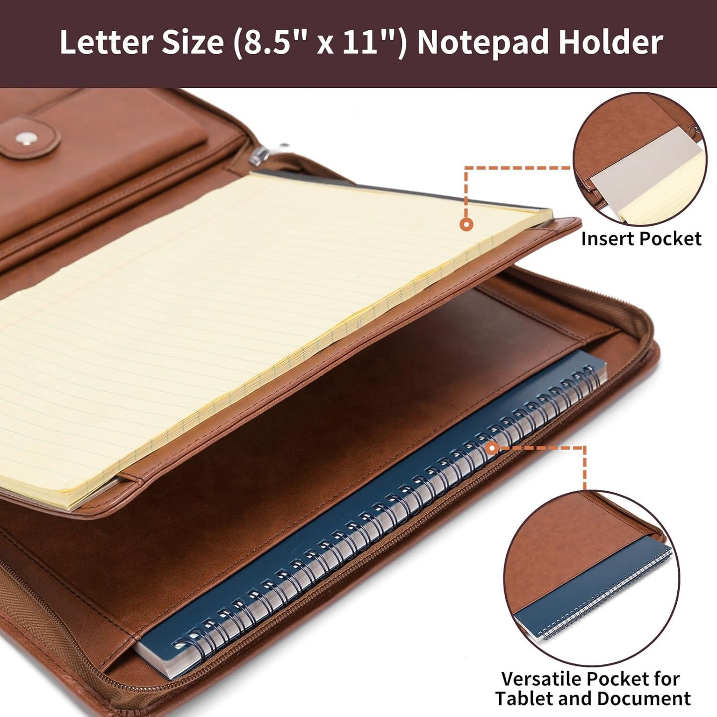 Personalized Vegan Leather Portfolio with Front Pocket for Men Women, Custom 8.5 x 11 Legal Pad Notepad Holder, Zippered Business Organizer, Professional Work Folder, Brown