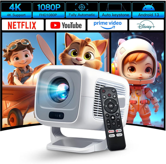 [Compatible with Netflix] Smart Projector Google CTS Approved Native 1080P FHD 4K Support 12000 Lumens, Stream Apps Licensed,Auto Focus&Keystone,Mini Projector Android 13 OS,WiFi 6 Bluetooth 5.4 N300