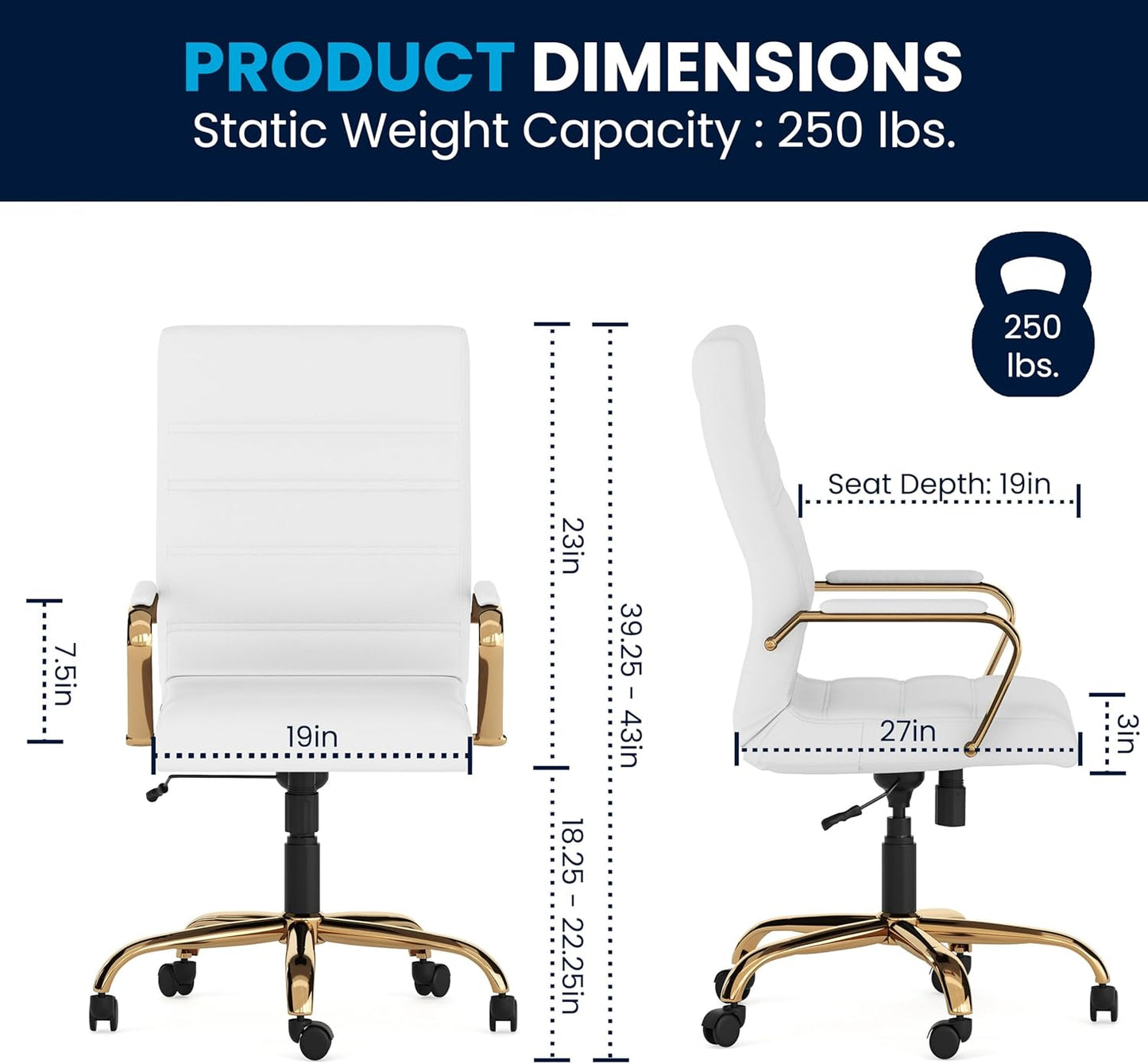 Flash Furniture Whitney Mid-Back Swivel LeatherSoft Desk Chair with Padded Seat and Armrests, Adjustable Height Padded Office Chair, 27"D x 26"W x 43"H, White/Gold