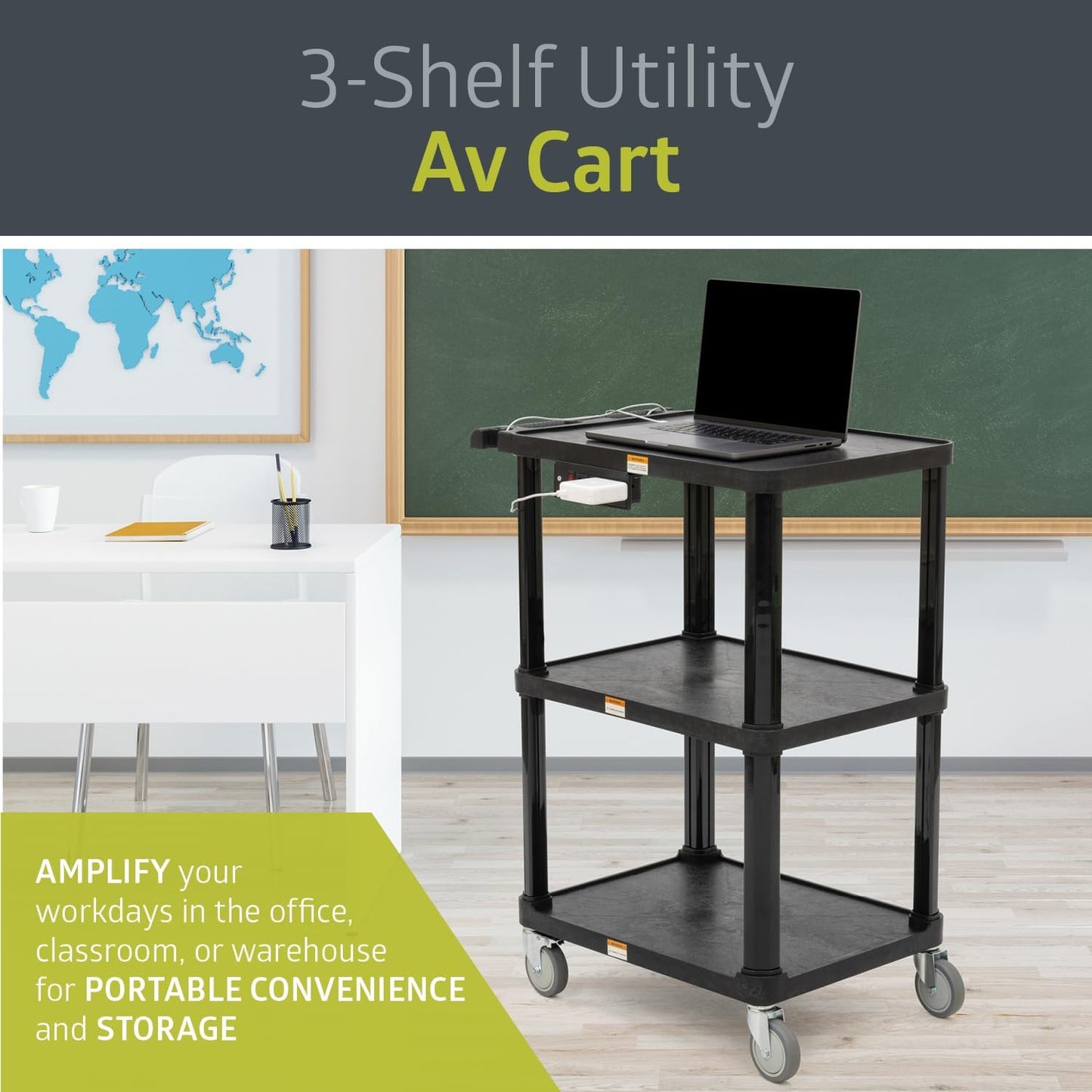 Pearington 3-Shelf Mobile Utility Cart with 3 Outlets and 8' Cord, Heavy-Duty Service Cart for Offices and Warehouses with 3 Shelves, Black, 2 Pack