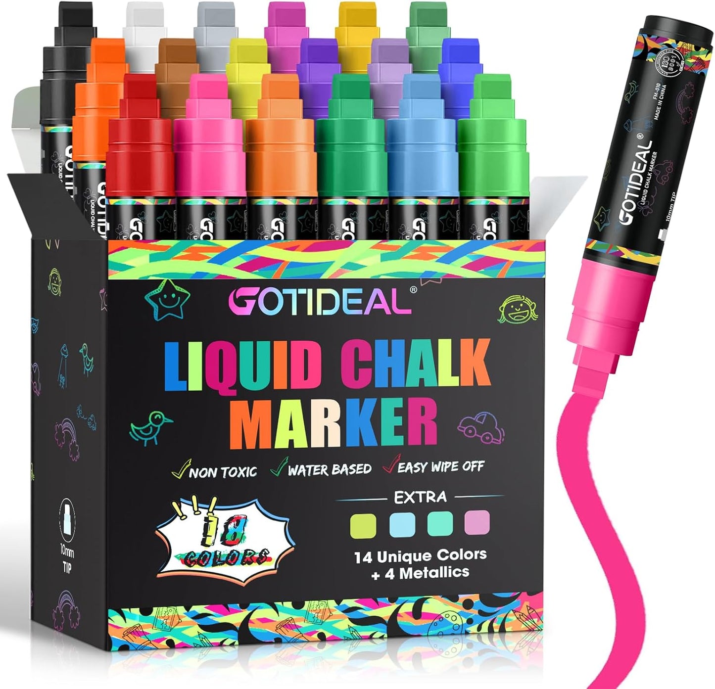 GOTIDEAL Window Markers for Glass Washable,Jumbo Chalk Markers for Blackboard,Car Marker for Auto,Chalkboard,Glass,Mirror,Calendar,School Painting,18 Colors Car Paint Pens with Metallic Colors(10mm)