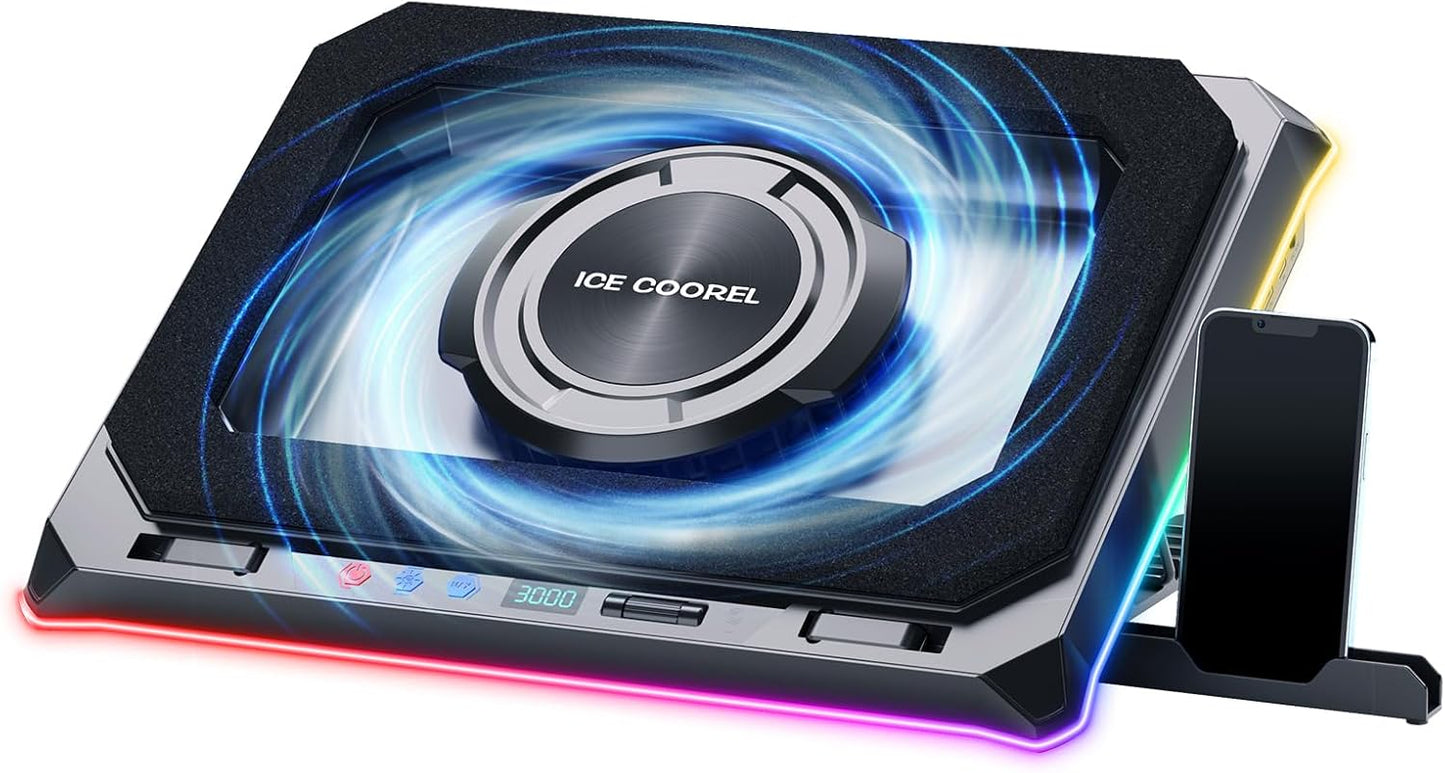 ICE COOREL Gaming Laptop Cooling Pad with Powerful Turbofan, Laptop Fan Cooling Pad for Laptop 15-21 Inches, RGB Laptop Cooler Stand with 8 Height Adjustable, Infinitely Variable Speed, LCD Screen