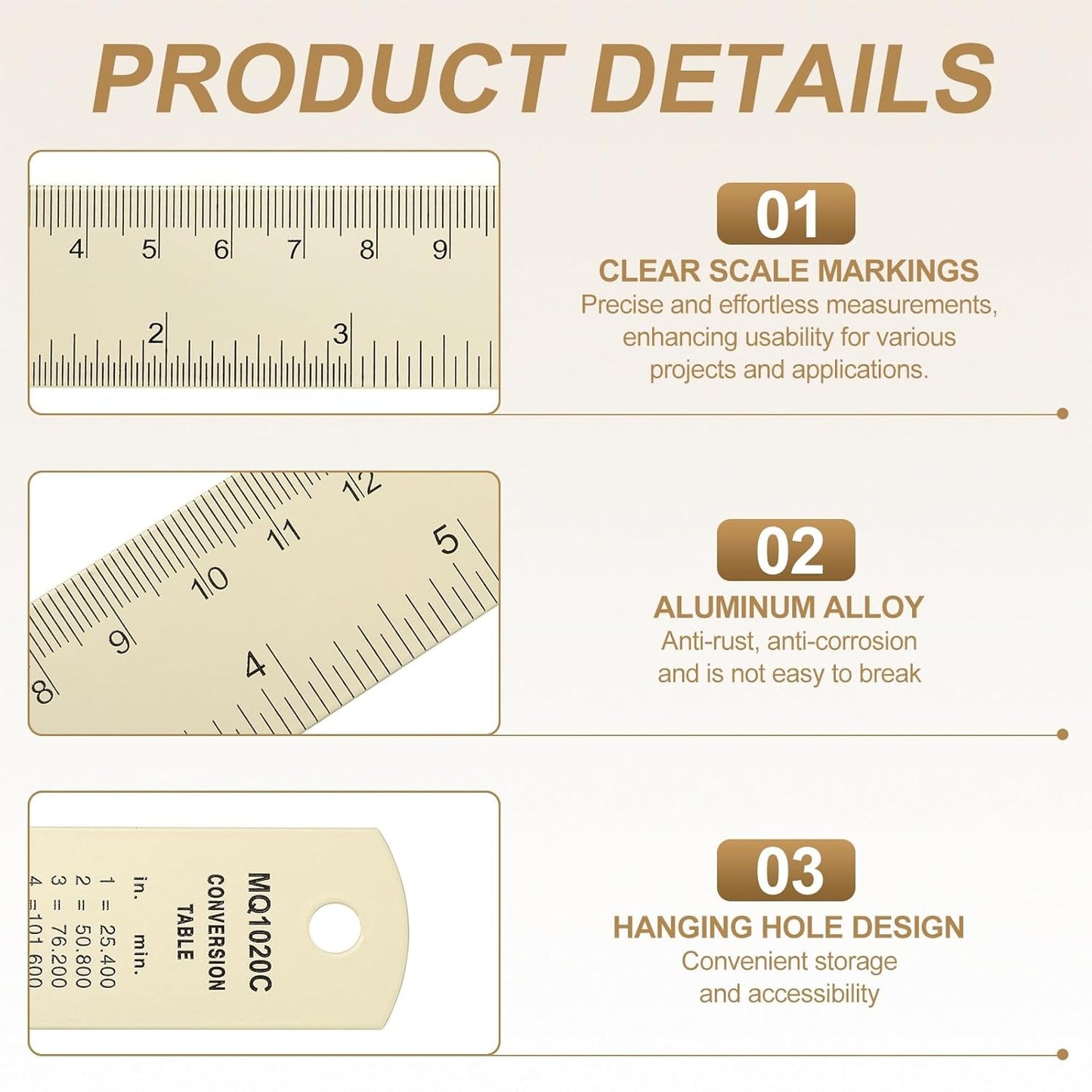 HARFINGTON 6pcs Metal Straight Ruler 30cm Metric SAE Aluminum Alloy Measuring Rulers Scale Tool with Hole for Measure Study Reading Classroom Office, White