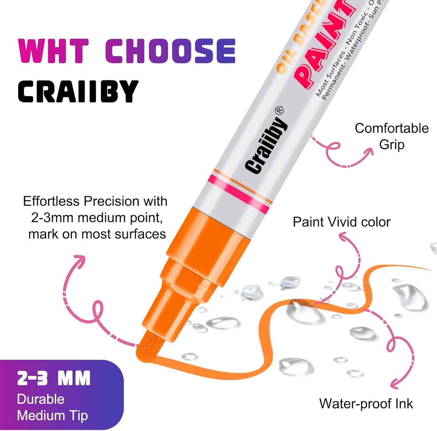 Orange Paint Markers, 3 Pack Oil-Based Waterproof Quick Dry Permanent Paint Pen Set for Rocks Painting, Wood, Fabric, Plastic, Canvas, Glass, Mugs, Metal, Tire, Stone, DIY Craft