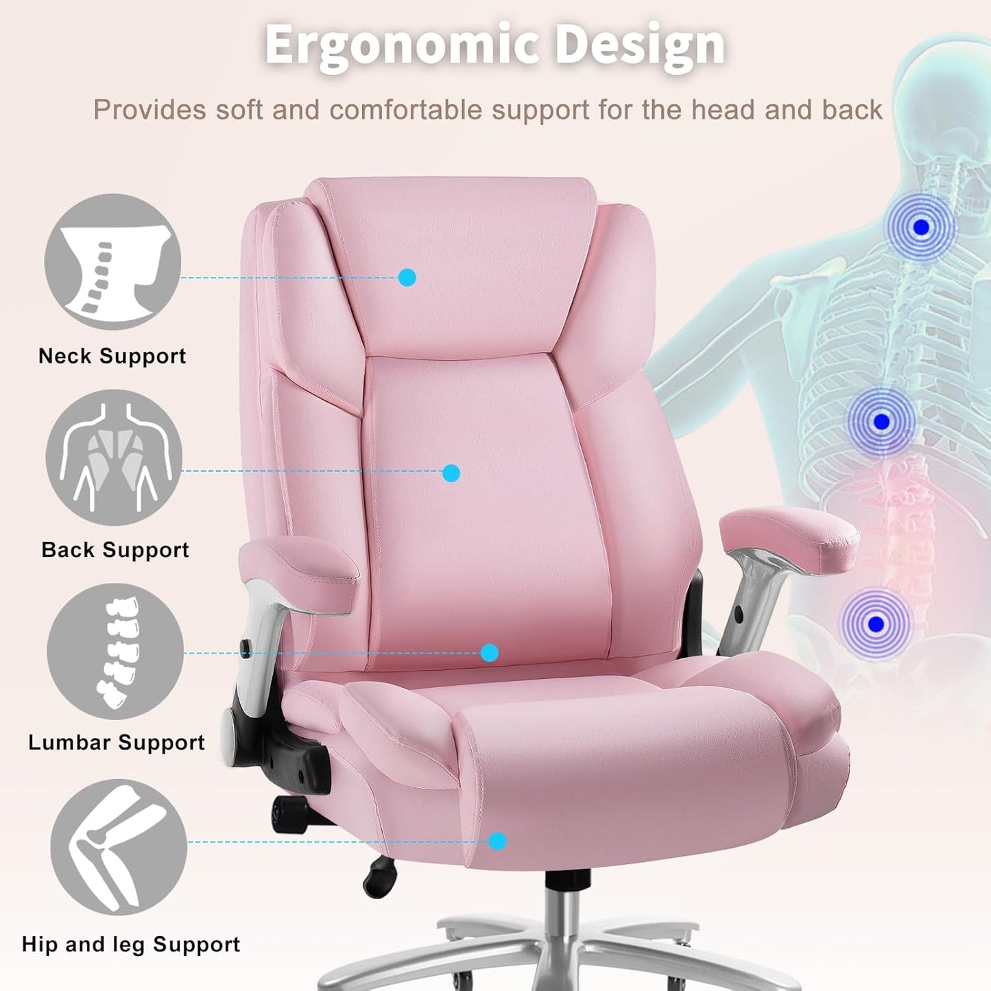 Big and Tall Office Chair 600lbs, Heavy Duty Executive Office Chair for Heavy People, Pink High Back Office Leather Ergonomic Chair with Adjustable Armrests and Lumbar Support for Computer Desk Chair