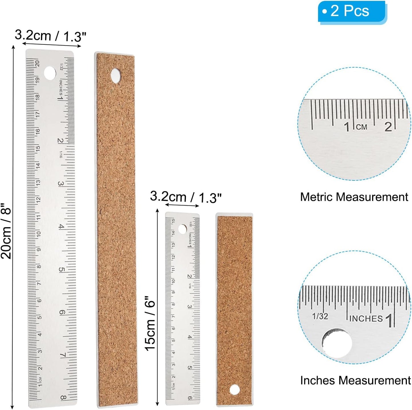 PATIKIL 6, 8 Inch Stainless Steel Ruler Straight Edge Ruler, 2 Pcs Cork Backing Non-Slip Metal Ruler with Inches Centimeter Metric Measuring Tools for Office