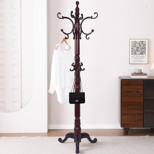 Wooden Coat Racks, Retro 78" Coat Tree with 14 Hooks & Stable Triangular Base, Entryway Coat Rack Freestanding for Hat, Clothes, Scarves, Handbags, Umbrella (Mahogany)