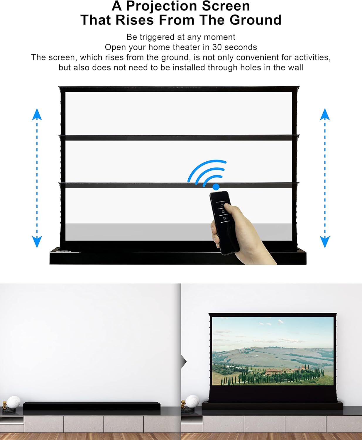 VIVIDSTORM-4K Movie Projector Screen S 120 Inch Sound Transparent Perforated Floor Rising White Fabric 4k HD Ready Home/Movie Theatre Work with Normal Throw Projector, VSDSTPW120H