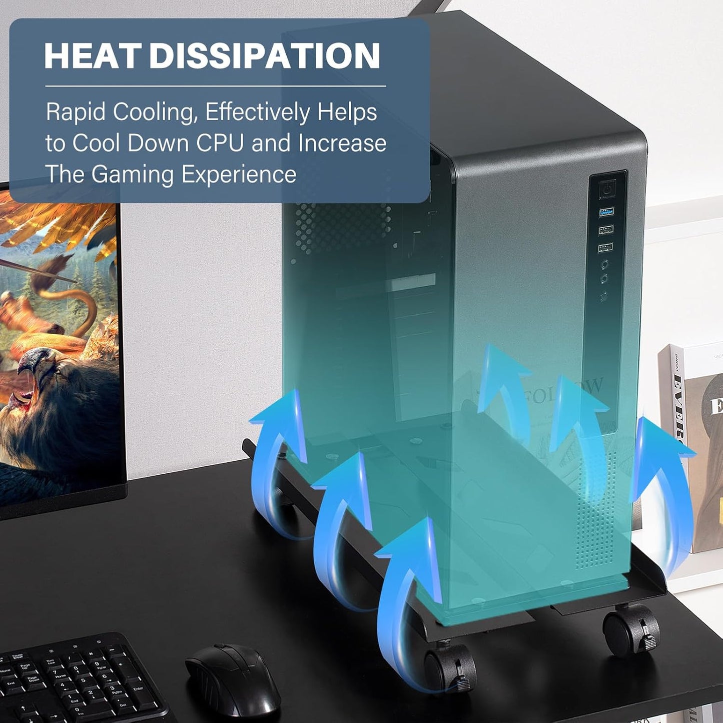 Mobile PC Stand, Adjustable Metal Computer Tower Stand, PC Floor Stand with 4 Locking Caster Wheels, PC Tower Stand, CPU Holder, PC Cart PC Riser Fits Most PC for Gaming Office Desk