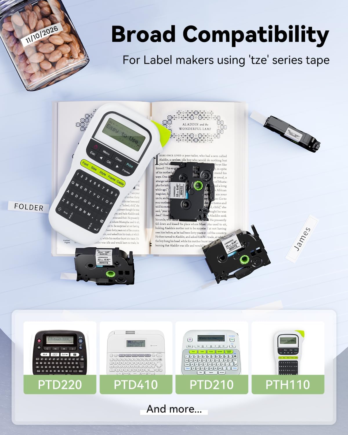 12mm 0.47 Laminated White Tape Tze Tz Label Compatible with Brother P-touch 1/2 Inch Black on White P Touch Label Maker TZe231 for PT-D210 1280 1750 PT-P300BT PT-P700BT Cube Plus Tape, 10-Pack