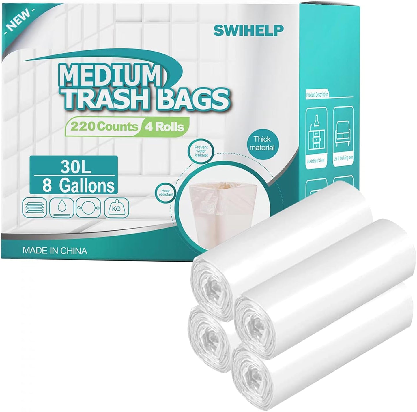 SWIHELP Medium Garbage Bags 8 Gallon /30 Liter Trash Bags Wastebasket Bin Liners Plastic Trash Bags for Bathroom Bedroom Office Trash Can 220 Count